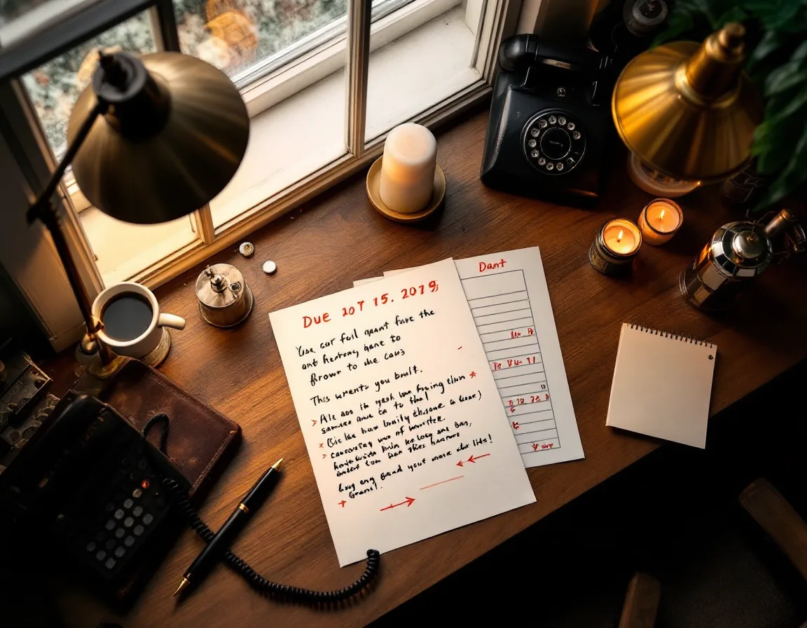 A desk with a rotary phone, brass pen and a calendar with one date circled in copper ink