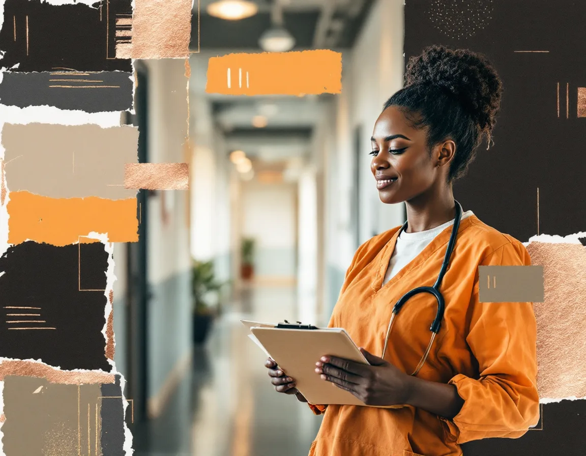 Collage of a community health worker with a clipboard in a clinic corridor with hand-drawn copper marks